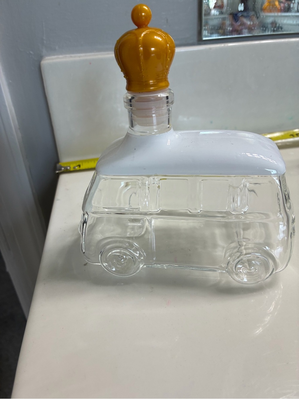 Clear Glass Van Decanter with White Roof and Yellow Crown Stopper